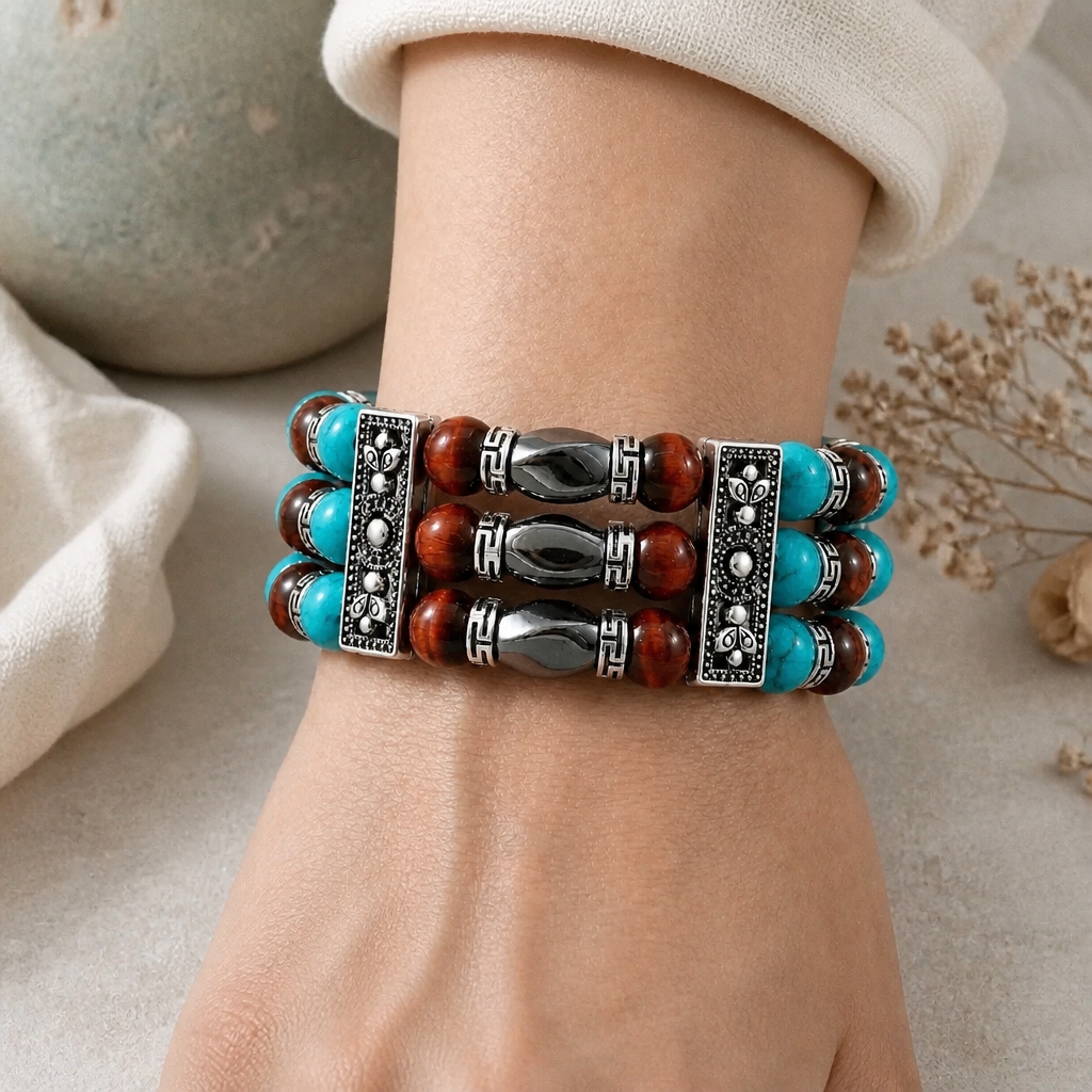 Red Tigers Eye Cuff Bracelet for Men Women | Hematite