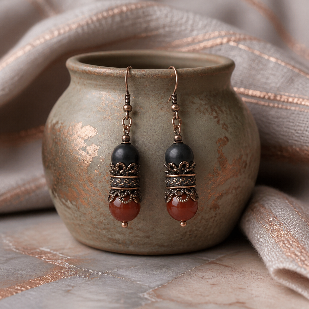 Dangle Earrings for Women, Copper Bohemian Earrings, Hippie Earrings, Red Jasper, Black Onyx