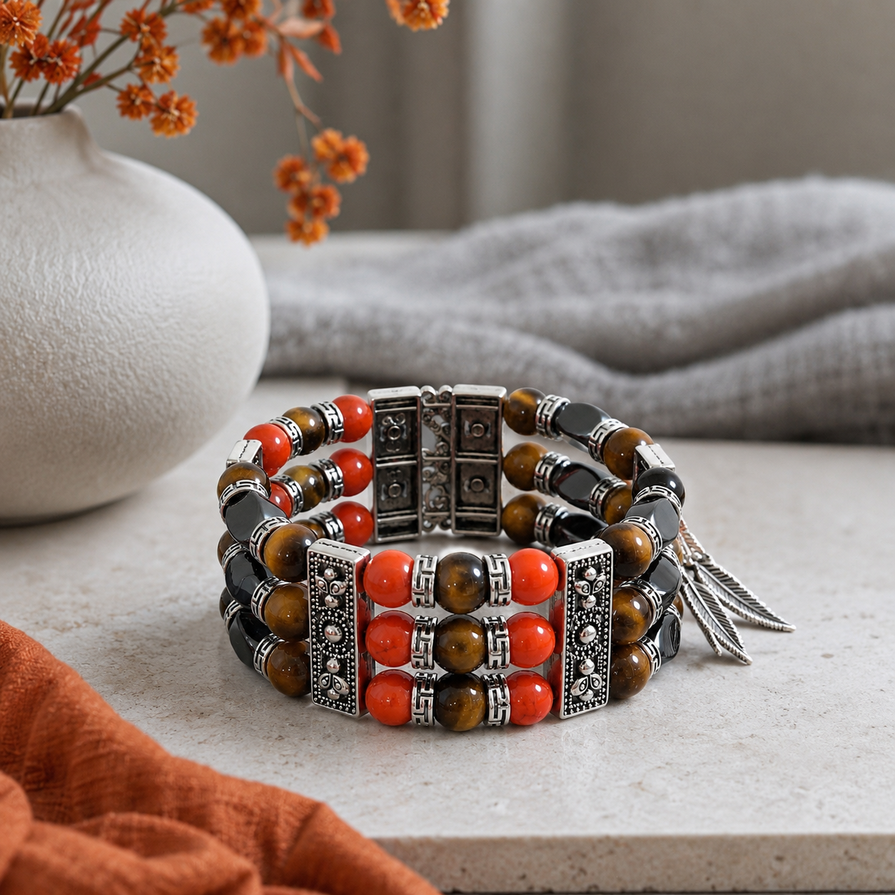 Autumn Bracelet, Unisex Bracelet, Beaded Cuff Bracelet