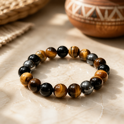 10mm Black Onyx Hematite Triple Protection Bracelet | Tigers Eye Beaded Bracelet