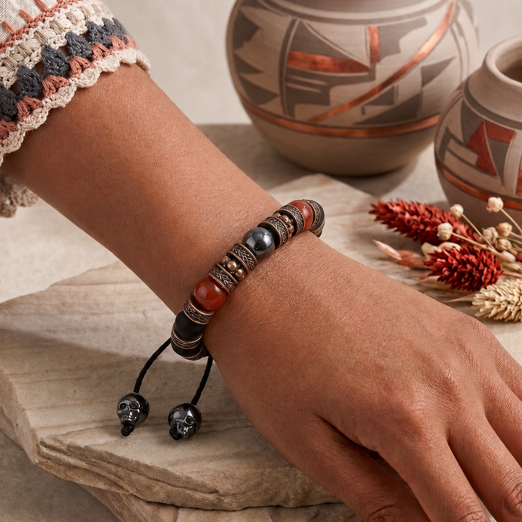 Adjustable Red Jasper Hematite Black Onyx Braided Bracelet