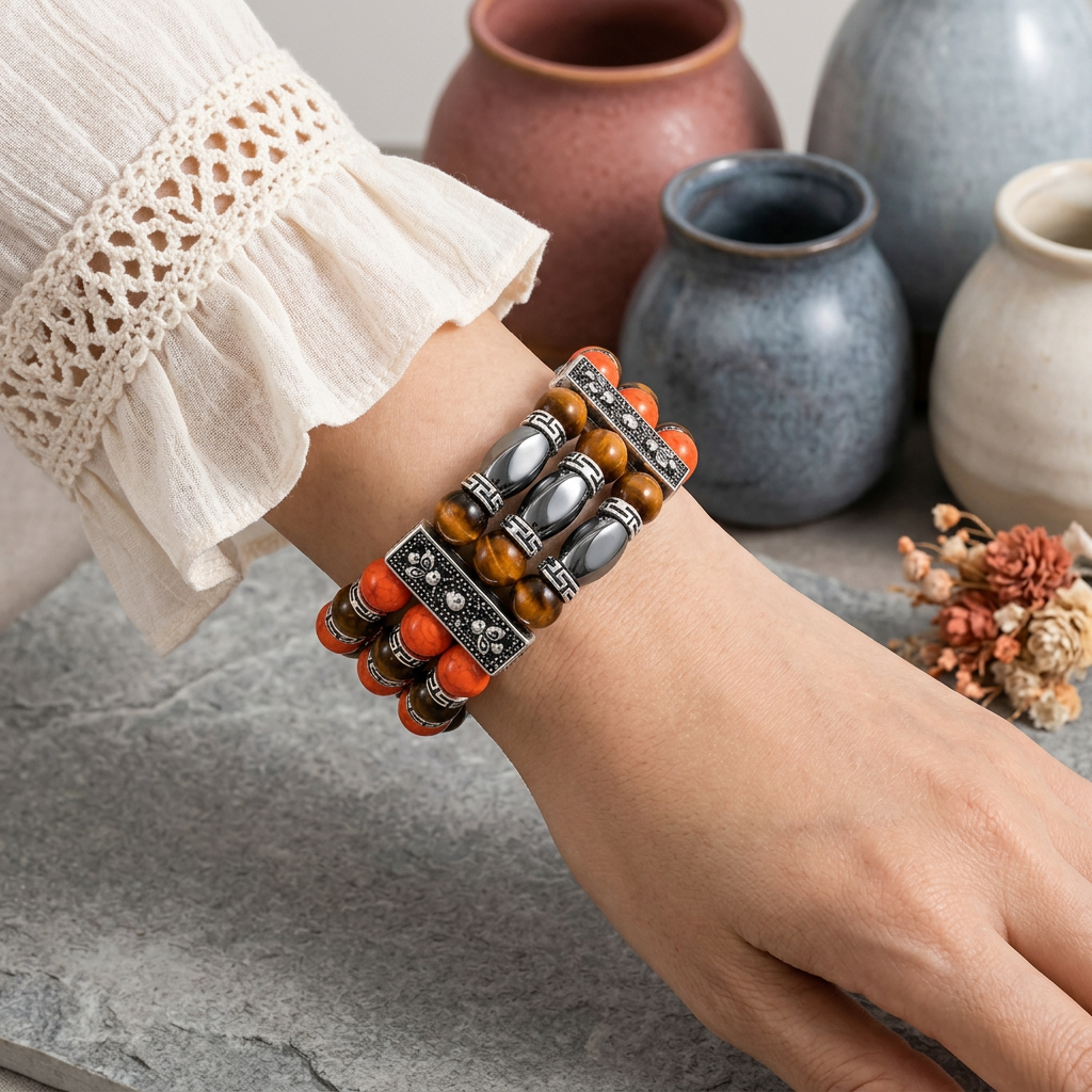 Autumn Bracelet, Unisex Bracelet, Beaded Cuff Bracelet