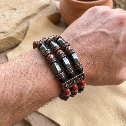 Red Jasper, Black Onyx and Hematite | Beaded Cuff Bracelets for Men Women