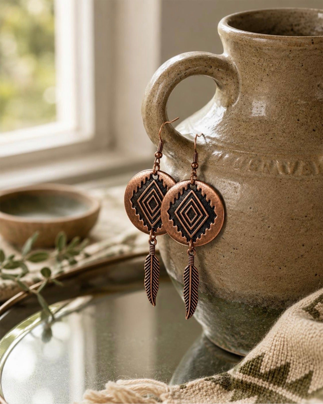 Southwestern Earrings, Copper Feather Earrings, Boho Geometric Earrings, Rustic Bohemian Jewelry