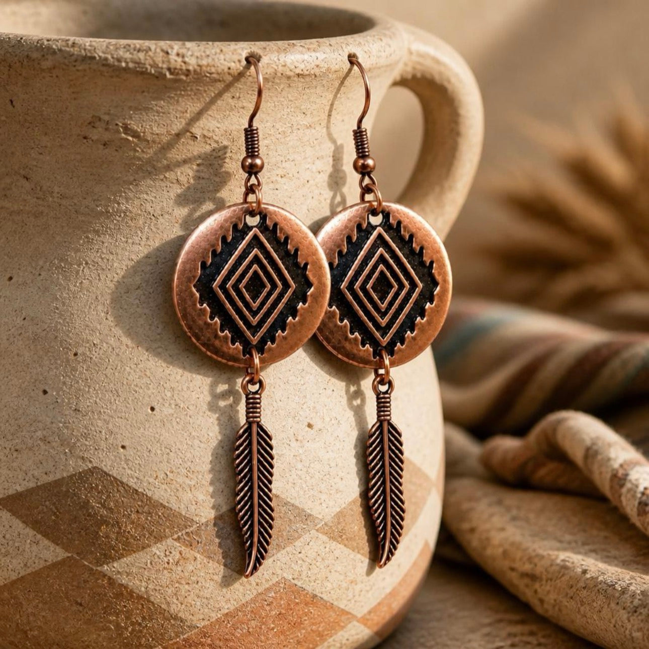 Southwestern Earrings, Copper Feather Earrings, Boho Geometric Earrings, Rustic Bohemian Jewelry