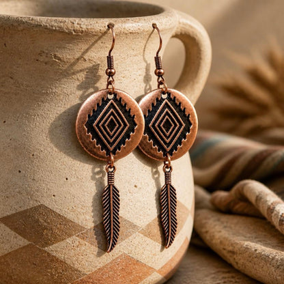 Southwestern Earrings, Copper Feather Earrings, Boho Geometric Earrings, Rustic Bohemian Jewelry