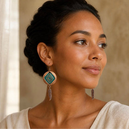 Copper Turquoise Feather Dangle Earrings, Boho Aztec Statement Earrings