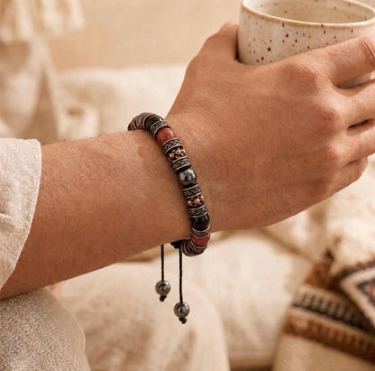 Adjustable Red Jasper Hematite Black Onyx Braided Bracelet
