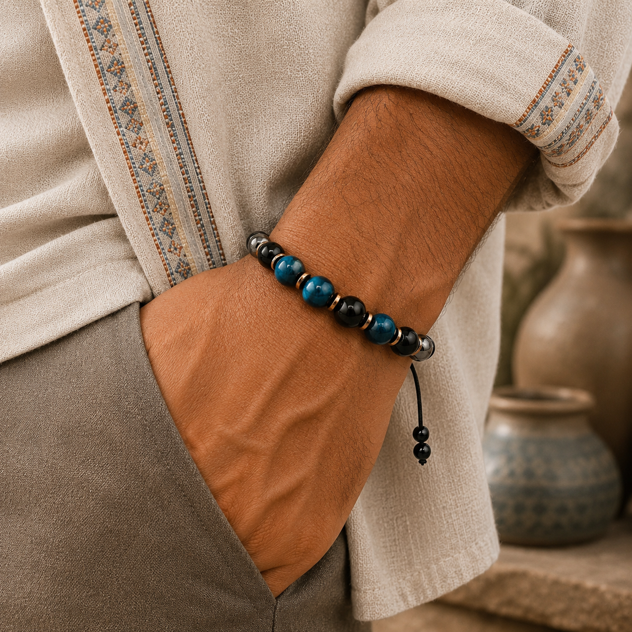 Triple Protection Bracelet, Blue Tigers Eye Hematite Onyx