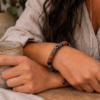 Adjustable Red Jasper Hematite Black Onyx Braided Bracelet