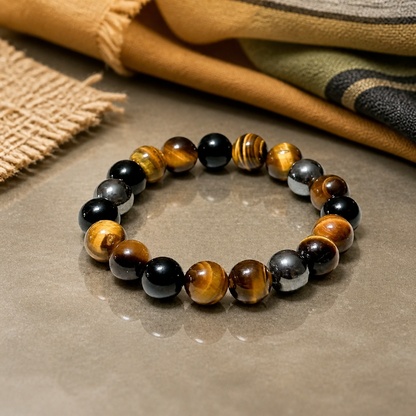 10mm Black Onyx Hematite Triple Protection Bracelet | Tigers Eye Beaded Bracelet