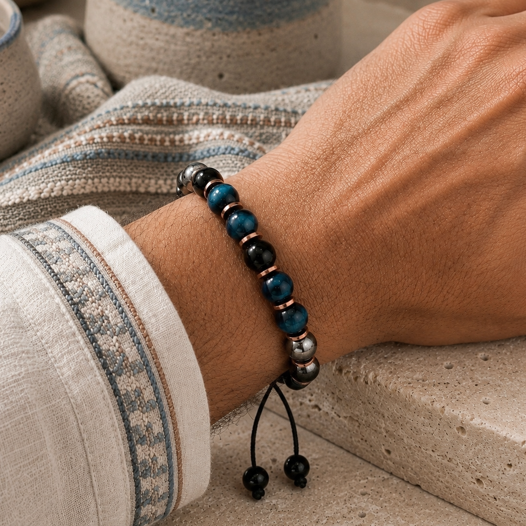 Triple Protection Bracelet, Blue Tigers Eye Hematite Onyx