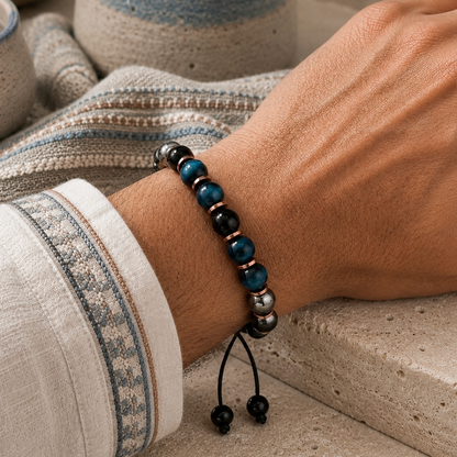 Triple Protection Bracelet, Blue Tigers Eye Hematite Onyx