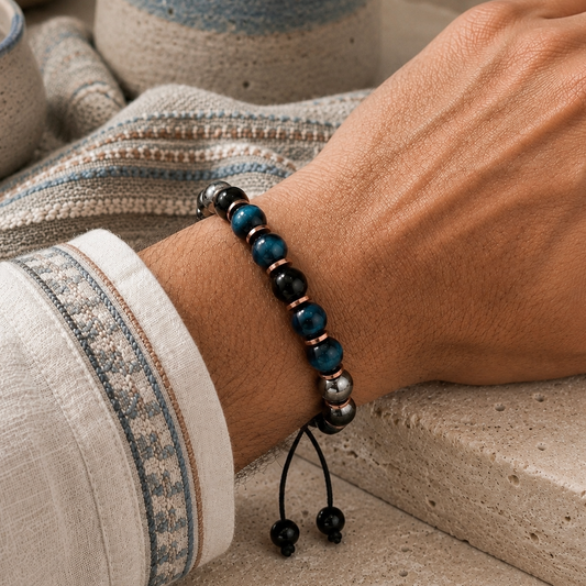 Triple Protection Bracelet, Blue Tigers Eye Hematite Onyx