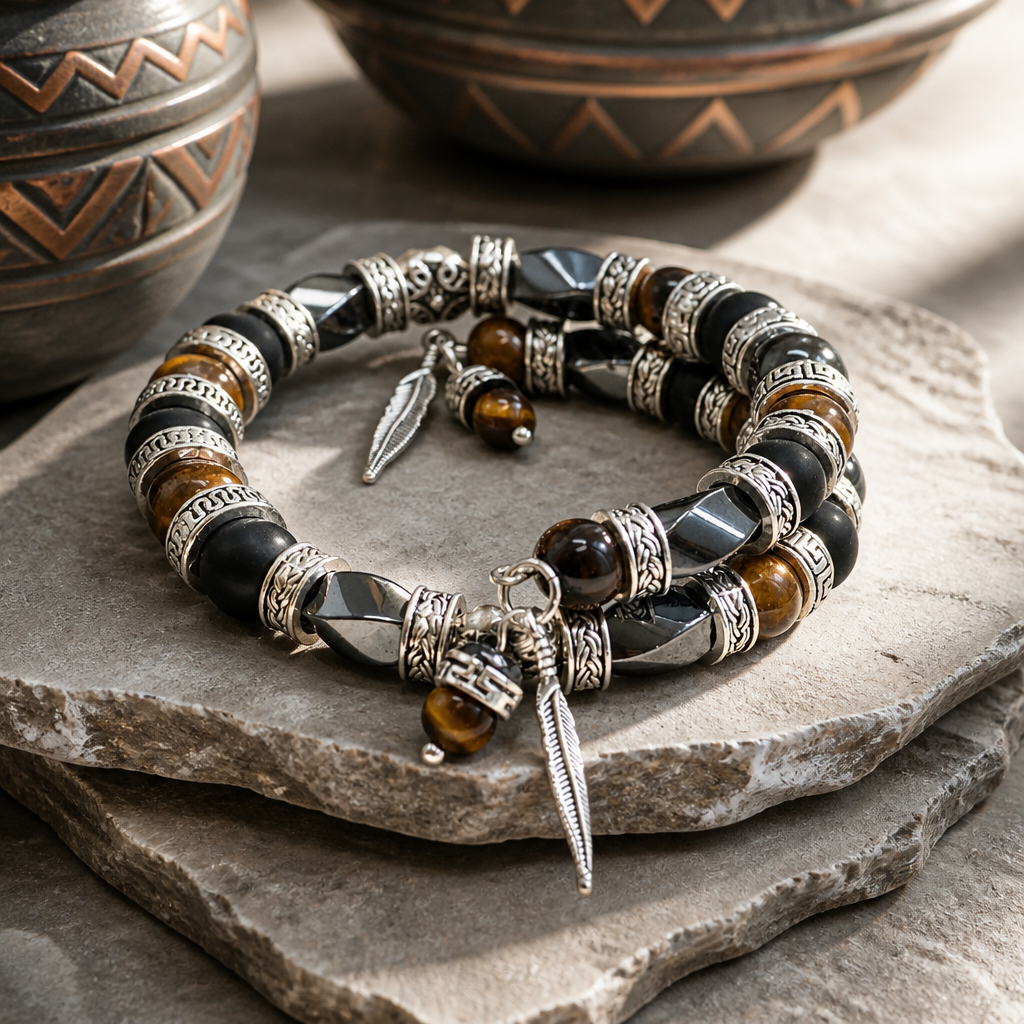 Men's Bangle Bracelet, Feather Bracelet, Tiger's Eye Bracelet, Men's Beaded Bracelet