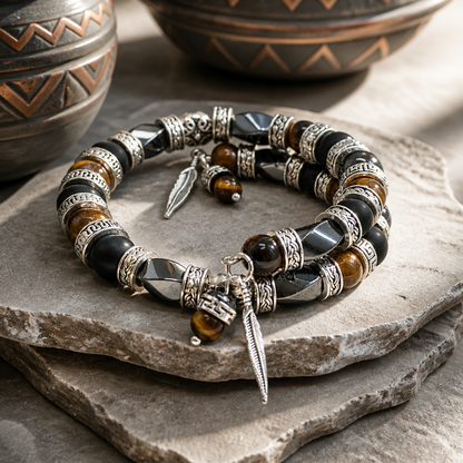 Men's Bangle Bracelet, Feather Bracelet, Tiger's Eye Bracelet, Men's Beaded Bracelet