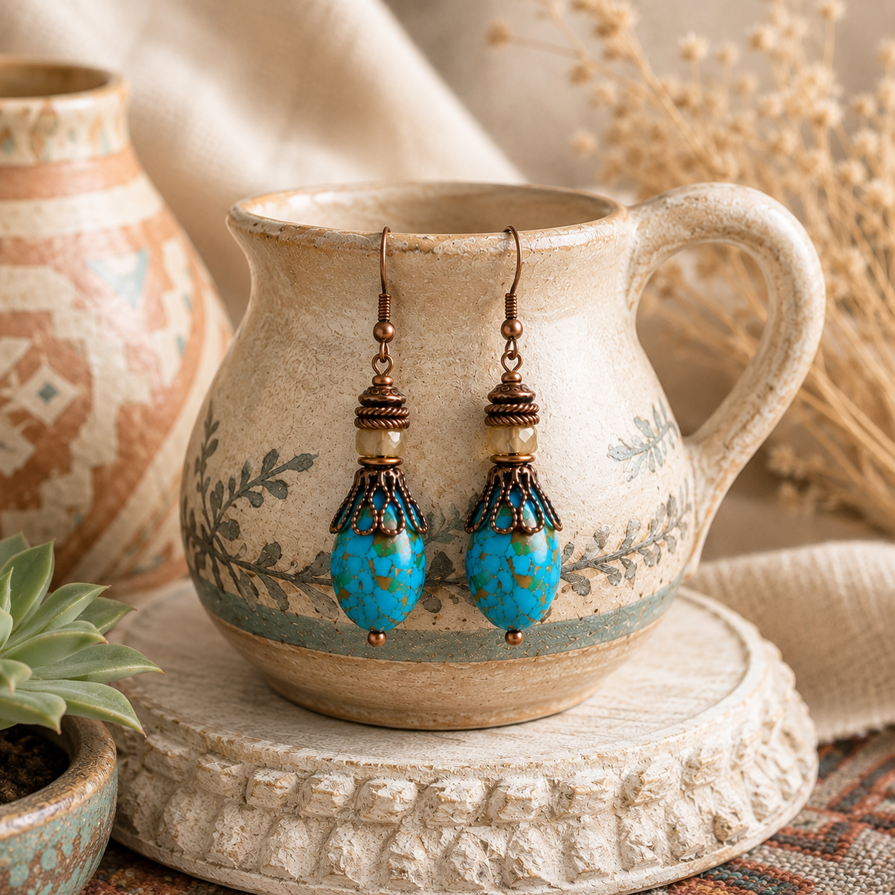 Hippie Earrings, Bohemian Earrings, Turquoise Dangle Earrings, Gifts for Mom