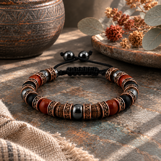 Adjustable Red Jasper Hematite Black Onyx Braided Bracelet