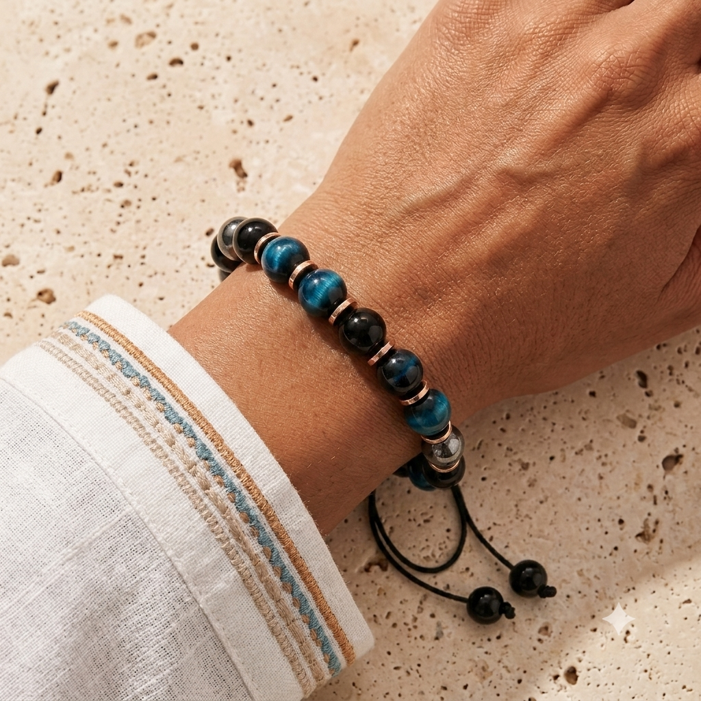 Triple Protection Bracelet, Blue Tigers Eye Hematite Onyx