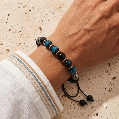 Triple Protection Bracelet, Blue Tigers Eye Hematite Onyx
