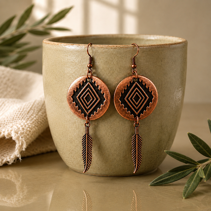 Southwestern Earrings, Copper Feather Earrings, Boho Geometric Earrings, Rustic Bohemian Jewelry