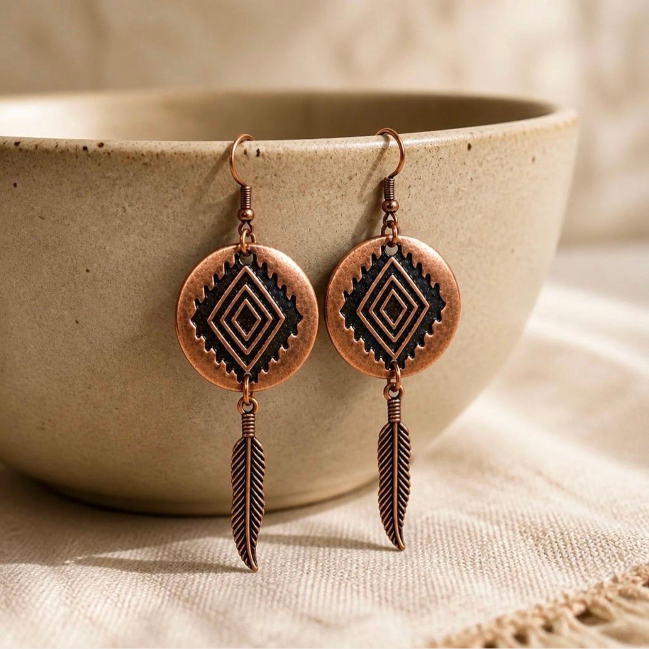 Southwestern Earrings, Copper Feather Earrings, Boho Geometric Earrings, Rustic Bohemian Jewelry