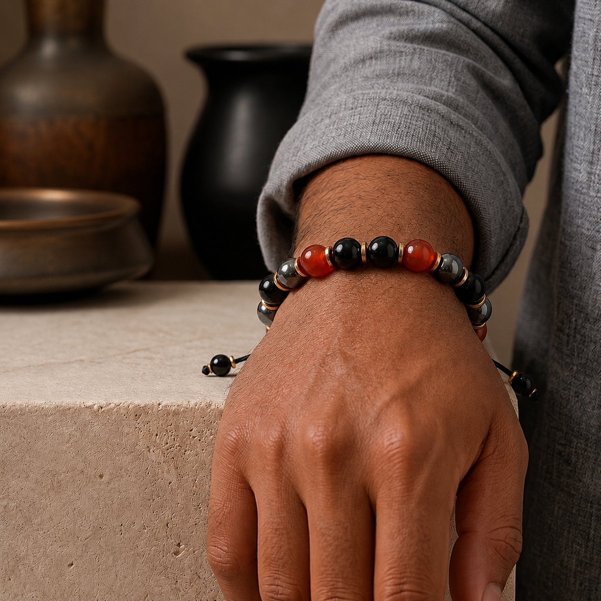 Triple Protection Bracelet, Carnelian Hematite Onyx