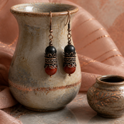 Dangle Earrings for Women, Copper Bohemian Earrings, Hippie Earrings, Red Jasper, Black Onyx