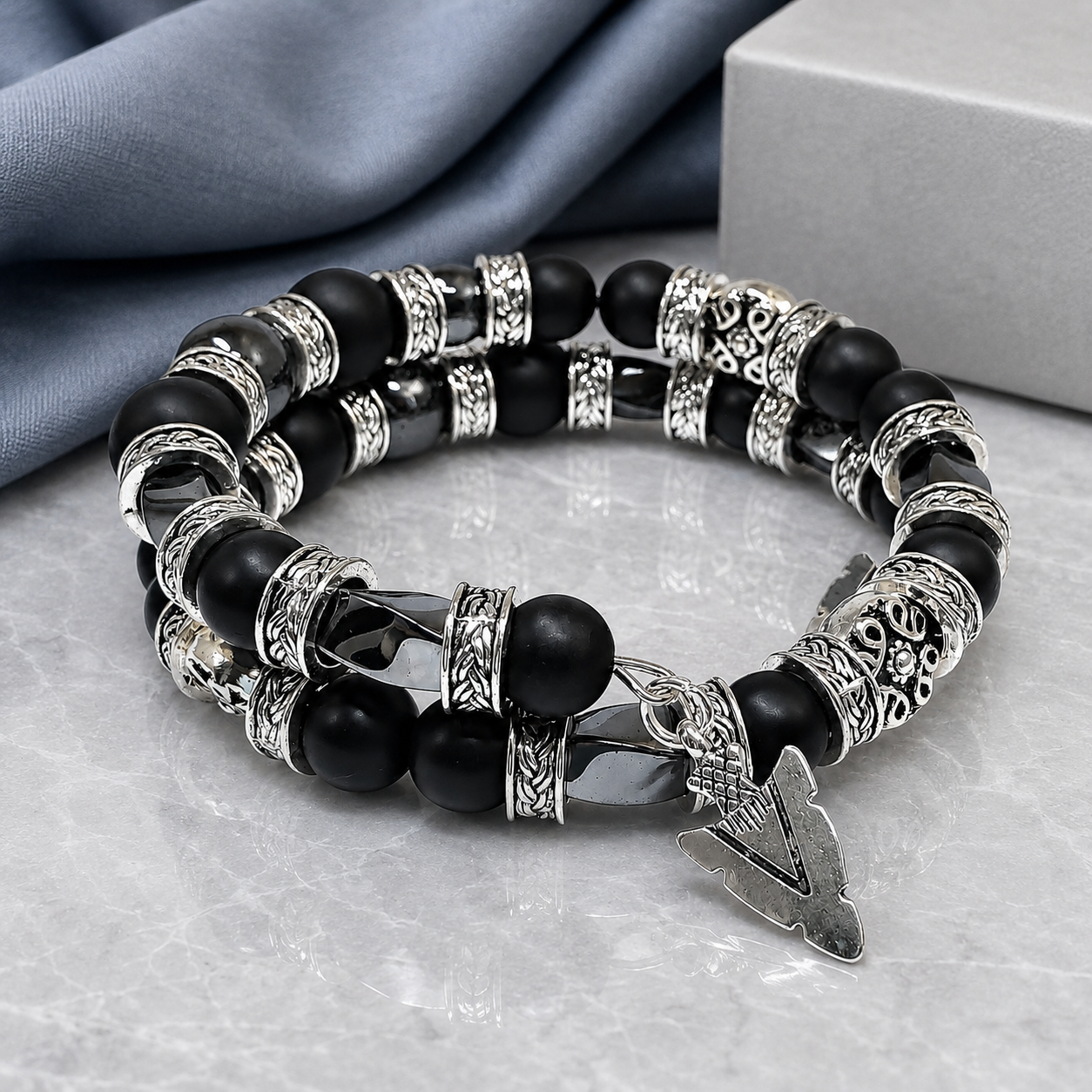 Black Onyx Bracelet, Beaded Jewelry for Men, Black & Silver, Arrowhead Bracelet