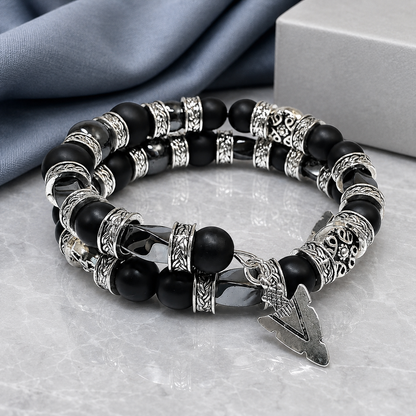 Black Onyx Bracelet, Beaded Jewelry for Men, Black & Silver, Arrowhead Bracelet