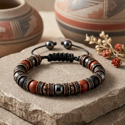 Adjustable Red Jasper Hematite Black Onyx Braided Bracelet