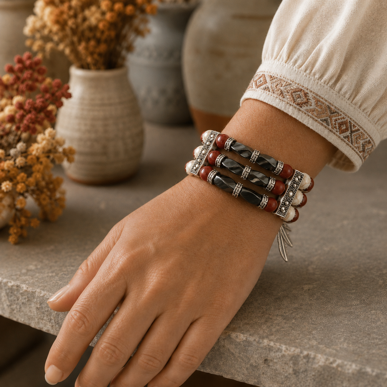 Cuff Bracelets for Men Women, Red Jasper and Hematite