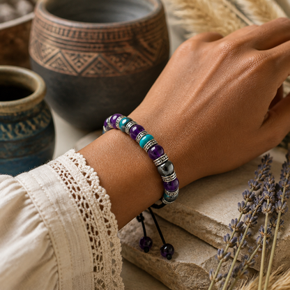 Purple Tiger Eye, Turquoise, Hematite Bracelet | Adjustable Braided Macrame Bracelet