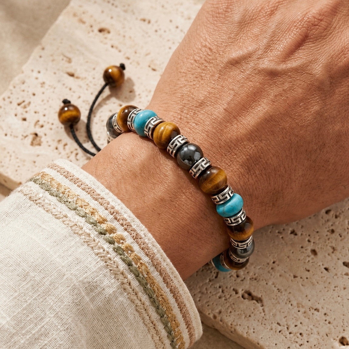 Tiger Eye, Turquoise, Hematite Bracelet | Adjustable Braided Macrame Bracelet