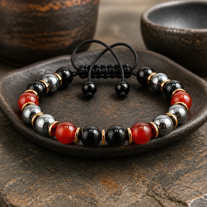 Triple Protection Bracelet, Carnelian Hematite Onyx