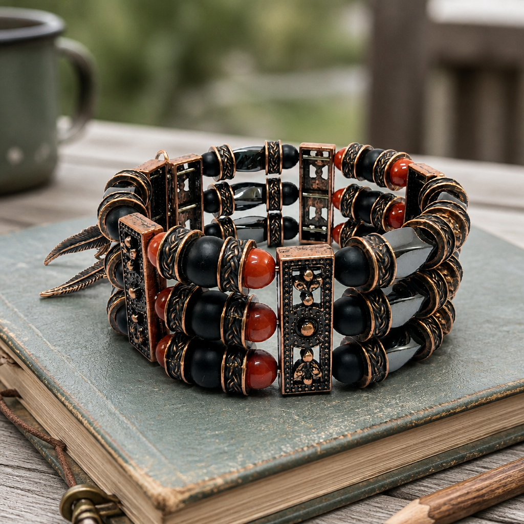 Red Jasper, Black Onyx and Hematite | Beaded Cuff Bracelets for Men Women