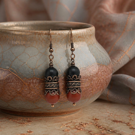 Dangle Earrings for Women, Copper Bohemian Earrings, Hippie Earrings, Red Jasper, Black Onyx