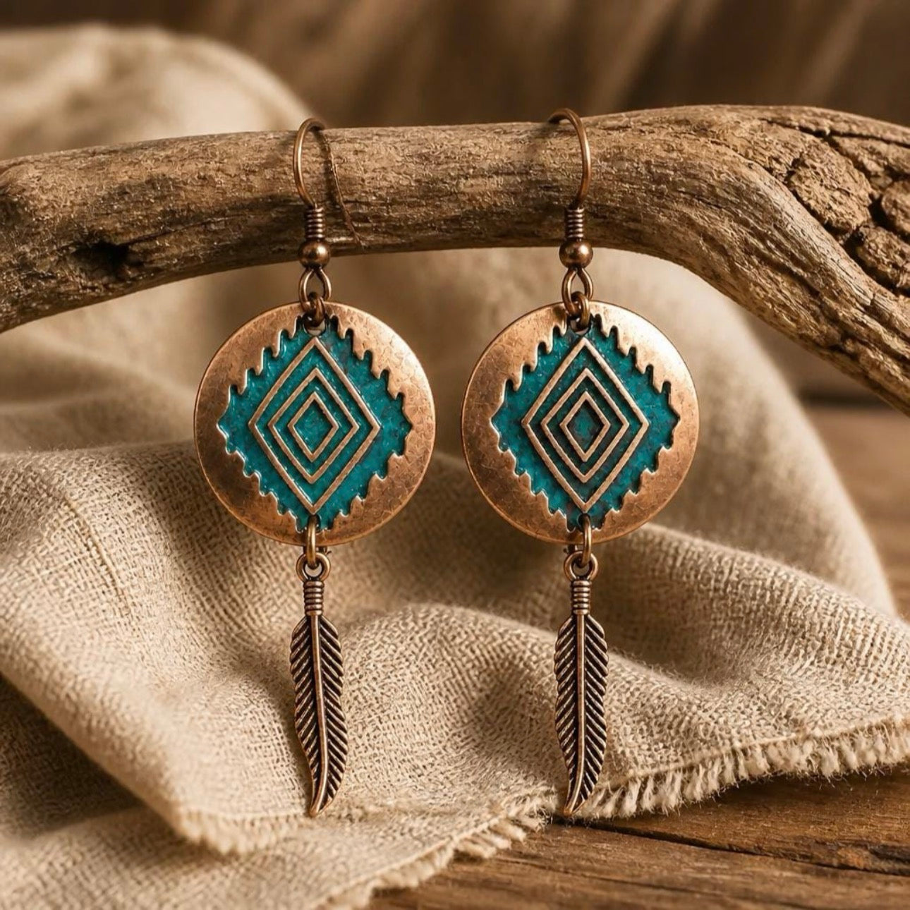 Copper Turquoise Feather Dangle Earrings, Boho Aztec Statement Earrings
