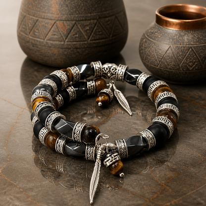 Men's Bangle Bracelet, Feather Bracelet, Tiger's Eye Bracelet, Men's Beaded Bracelet