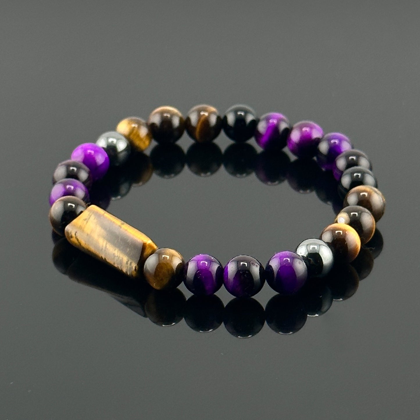 Natural Healing Stones | Tigers Eye Black Onyx Hematite Beaded Stretch Bracelet | Protection Bracelet