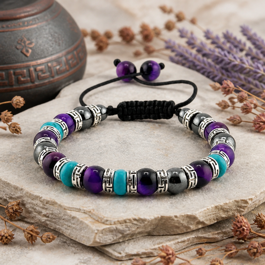 Purple Tiger Eye, Turquoise, Hematite Bracelet | Adjustable Braided Macrame Bracelet