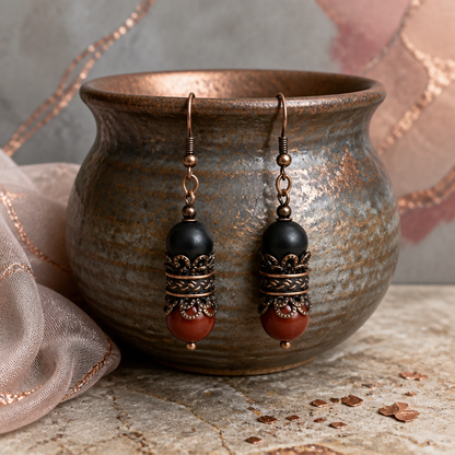Dangle Earrings for Women, Copper Bohemian Earrings, Hippie Earrings, Red Jasper, Black Onyx