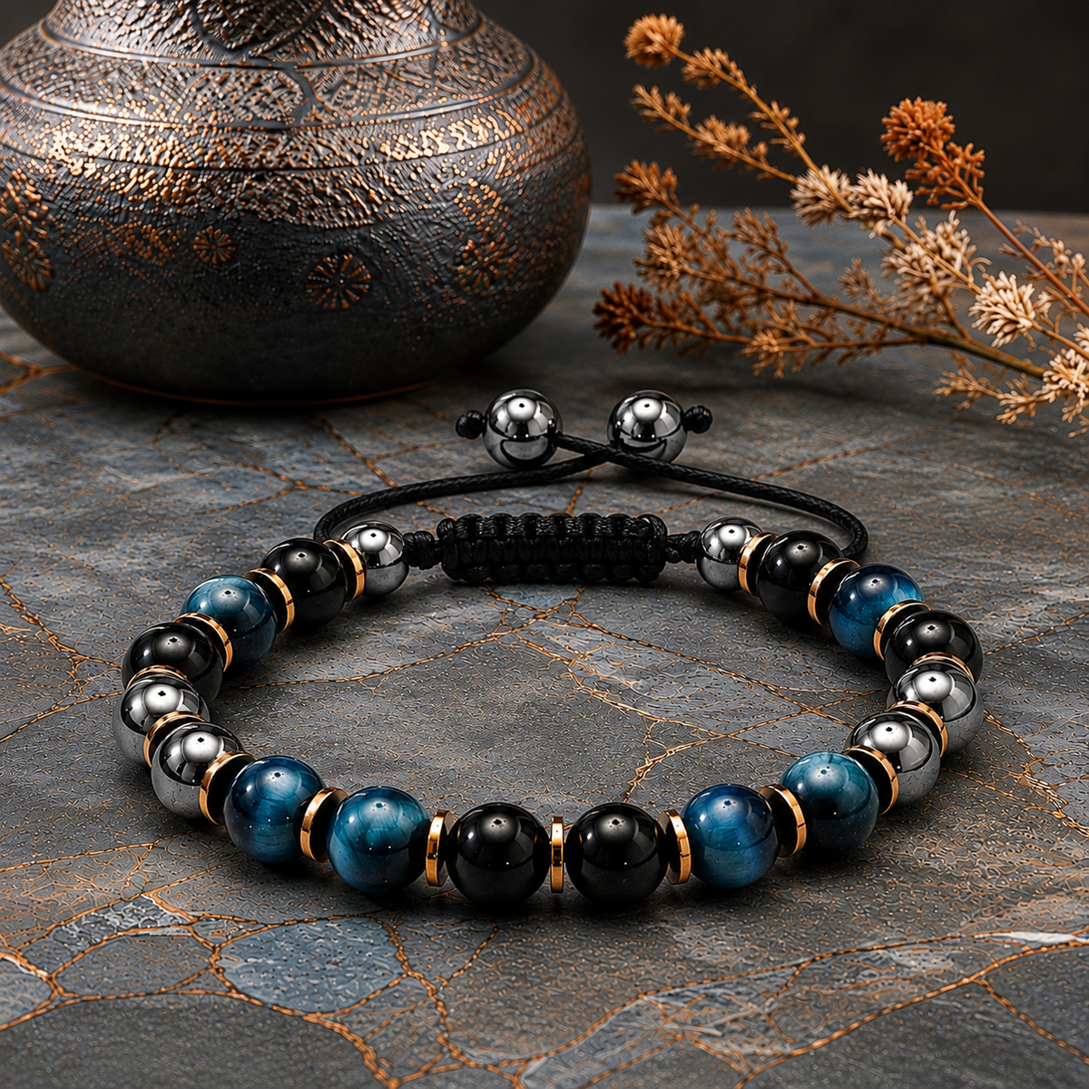 Triple Protection Bracelet, Blue Tigers Eye Hematite Onyx