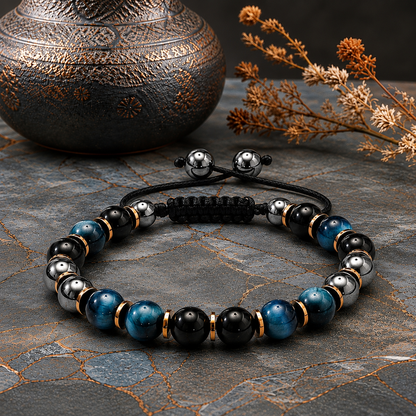 Triple Protection Bracelet, Blue Tigers Eye Hematite Onyx