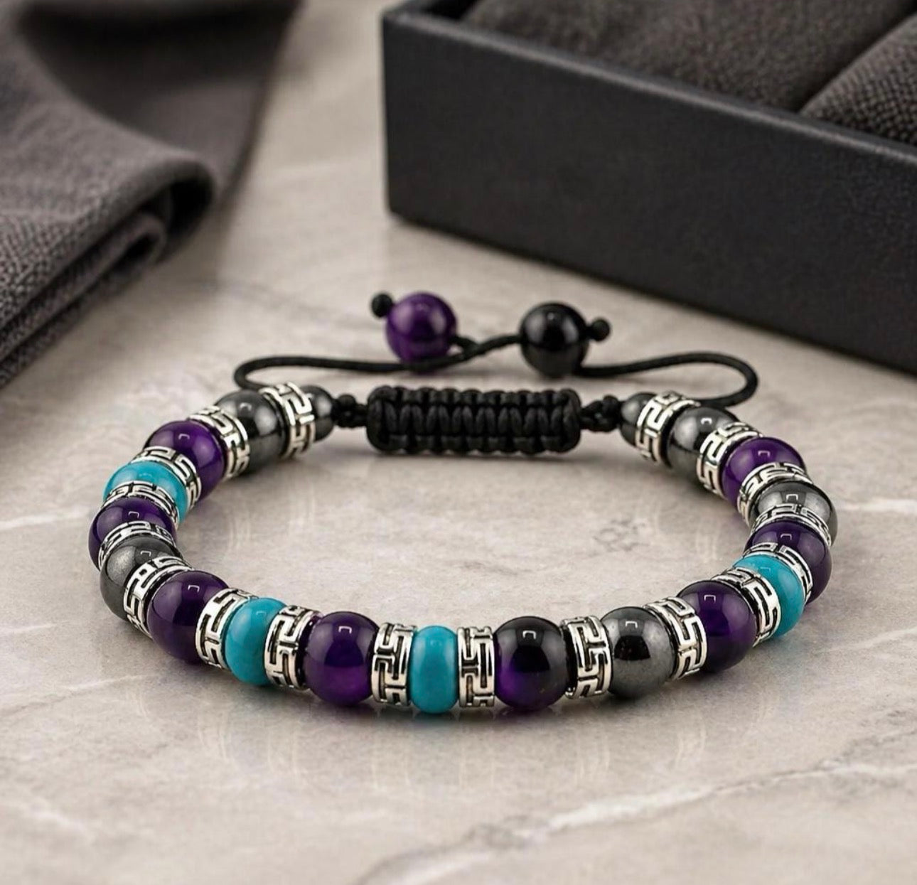 Purple Tiger Eye, Turquoise, Hematite Bracelet | Adjustable Braided Macrame Bracelet