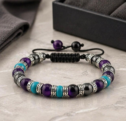 Purple Tiger Eye, Turquoise, Hematite Bracelet | Adjustable Braided Macrame Bracelet