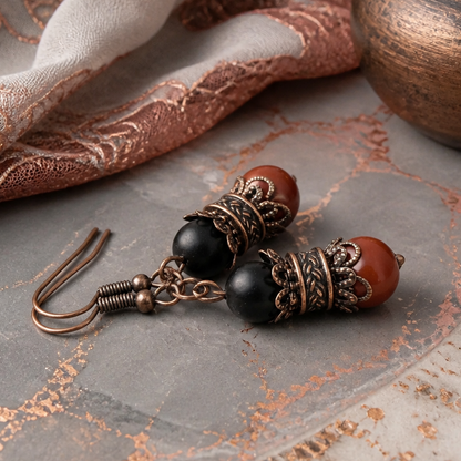 Dangle Earrings for Women, Copper Bohemian Earrings, Hippie Earrings, Red Jasper, Black Onyx