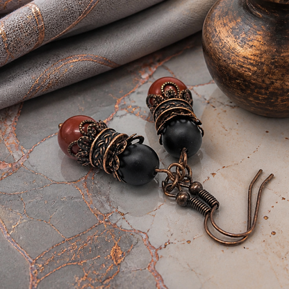 Dangle Earrings for Women, Copper Bohemian Earrings, Hippie Earrings, Red Jasper, Black Onyx
