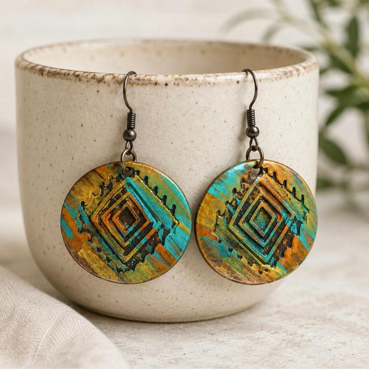 Hand Painted Retro Earrings, Patina Dangle Earrings