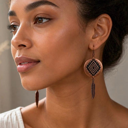 Southwestern Earrings, Copper Feather Earrings, Boho Geometric Earrings, Rustic Bohemian Jewelry